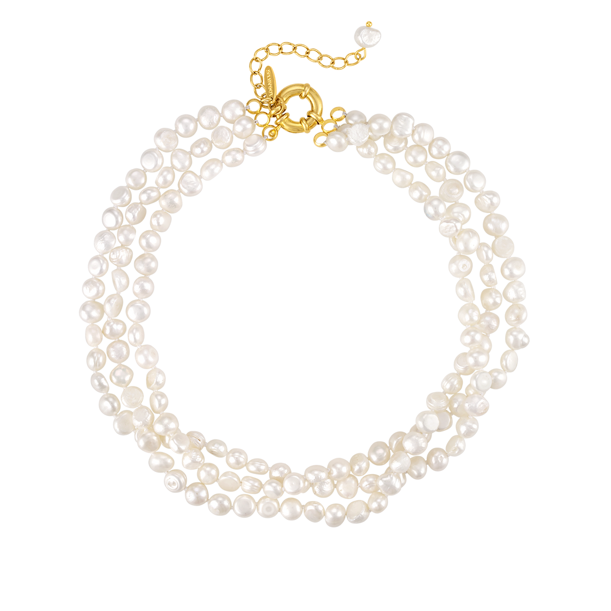 Top view of three-strand Bride To Be freshwater pearl necklace showcasing lustrous pearls and gold clasp on white background