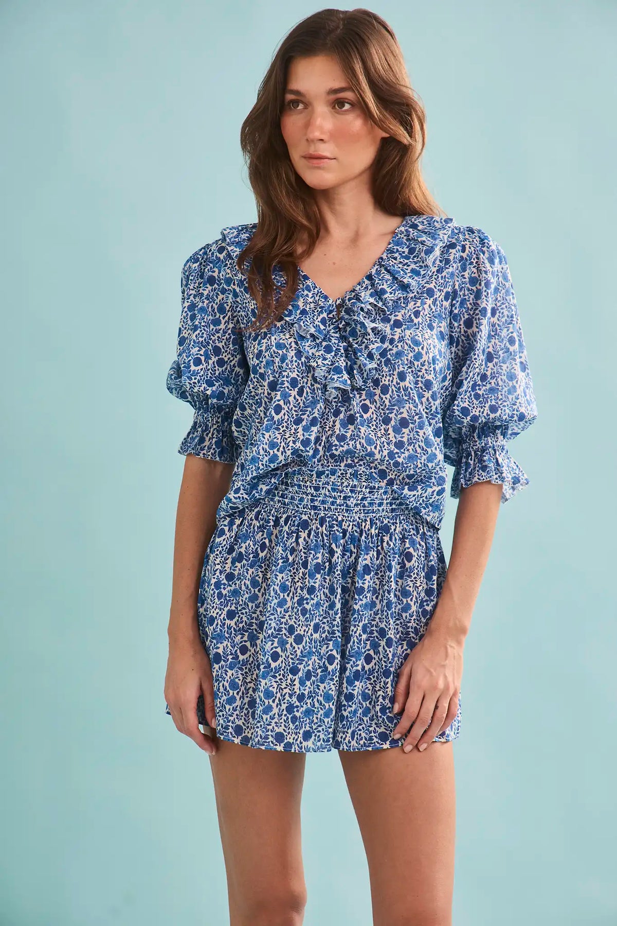 The Imogen Blouse in Bermuda Blooms paired with matching Jemma Shorts. 