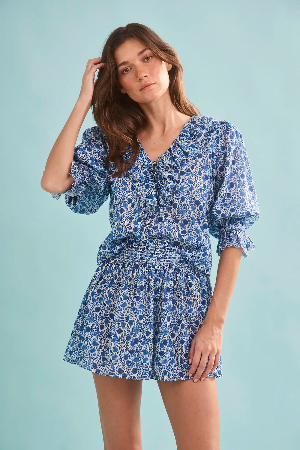 The Imogen Blouse in Bermuda Blooms paired with matching Jemma Shorts. 