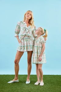 The Jemma Shorts in Pink Trellis paired with matching Imogen Blouse with matching kids set.