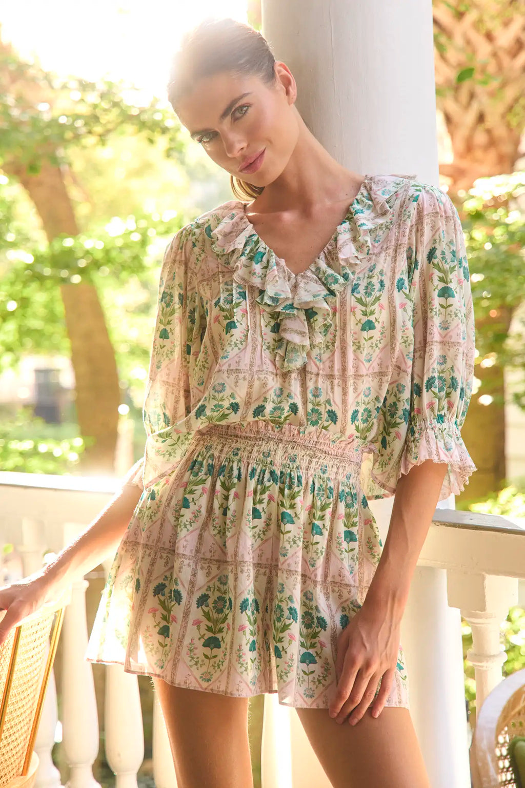 The Jemma Shorts in Pink Trellis paired with matching Imogen Blouse.