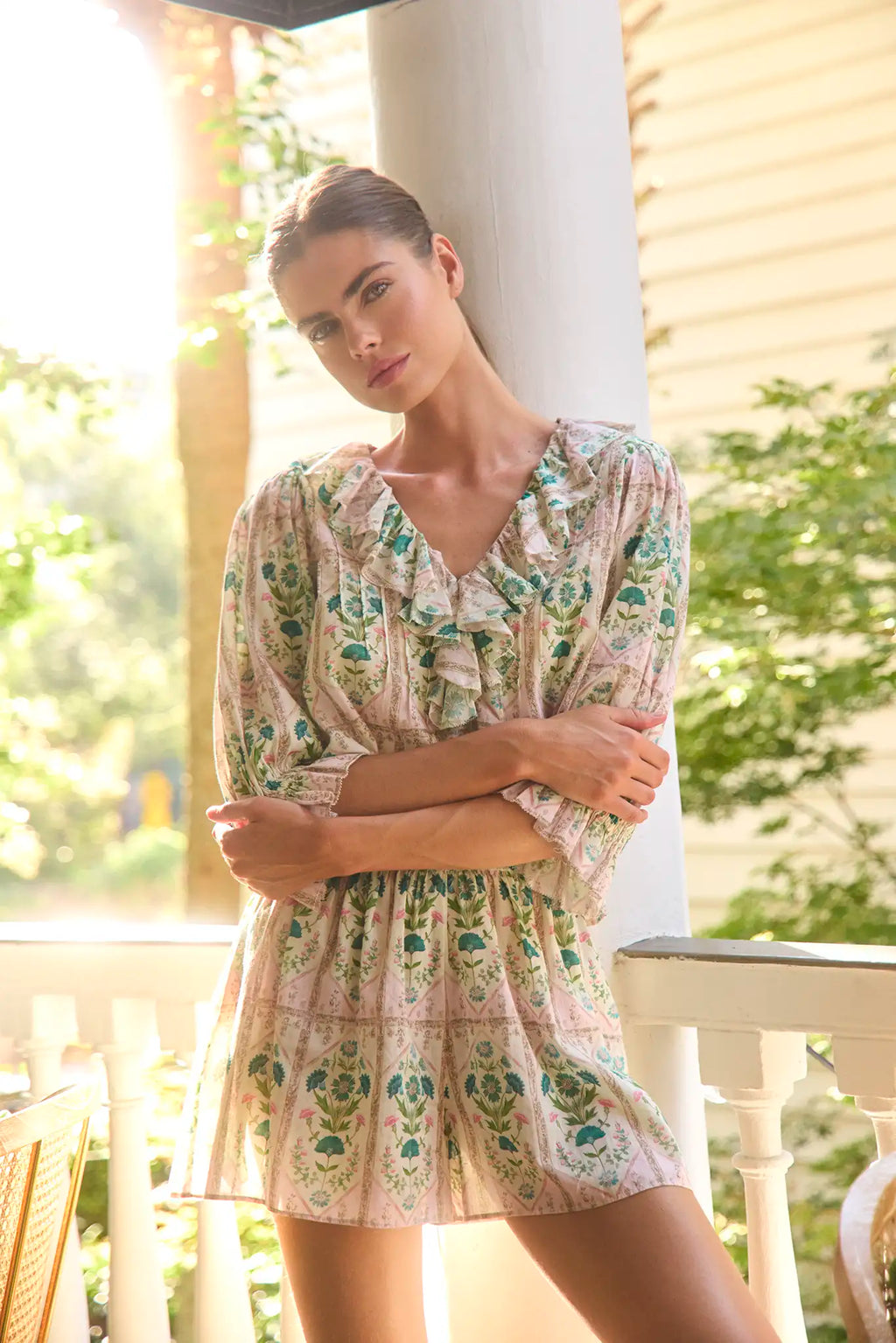 The Jemma Shorts in Pink Trellis paired with matching Imogen Blouse.