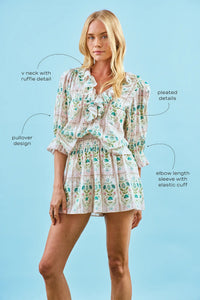 The Imogen Blouse, cotton voile ruffle blouse, in Pink Trellis with call outs.