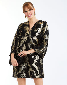 Ines Caftan Mini Dress in Black/Gold front – metallic lurex cocktail shift dress with djellaba collar, bell sleeves, and side seam pockets by Mestiza New York.