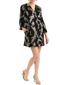 Ines Caftan Mini Dress in Black/Gold front – metallic lurex cocktail shift dress with djellaba collar, bell sleeves, and side seam pockets by Mestiza New York.