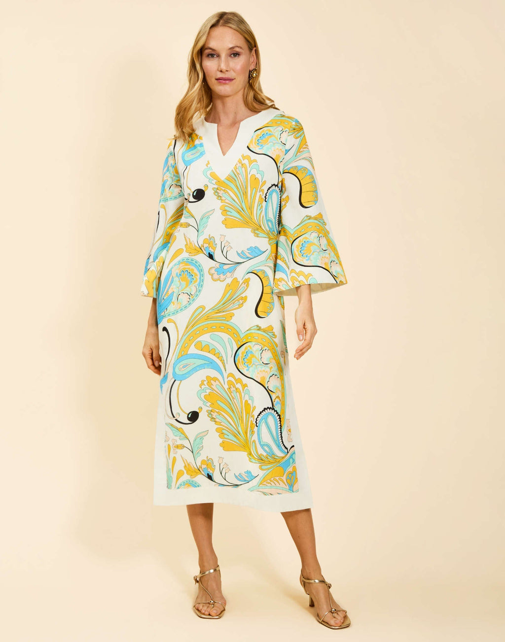 midi caftan dress Palm Beach Magenta / L this caftan dress brings a fresh mix of color with its abstract print in white caftan midi dress SEMI-SHEER LONG