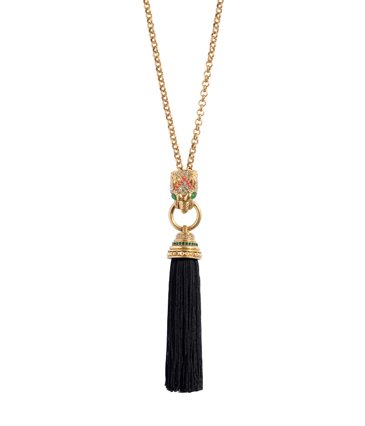 Front view of Ingrid Panther Necklace showing a jeweled panther pendant clutching a black silk thread tassel on a black background