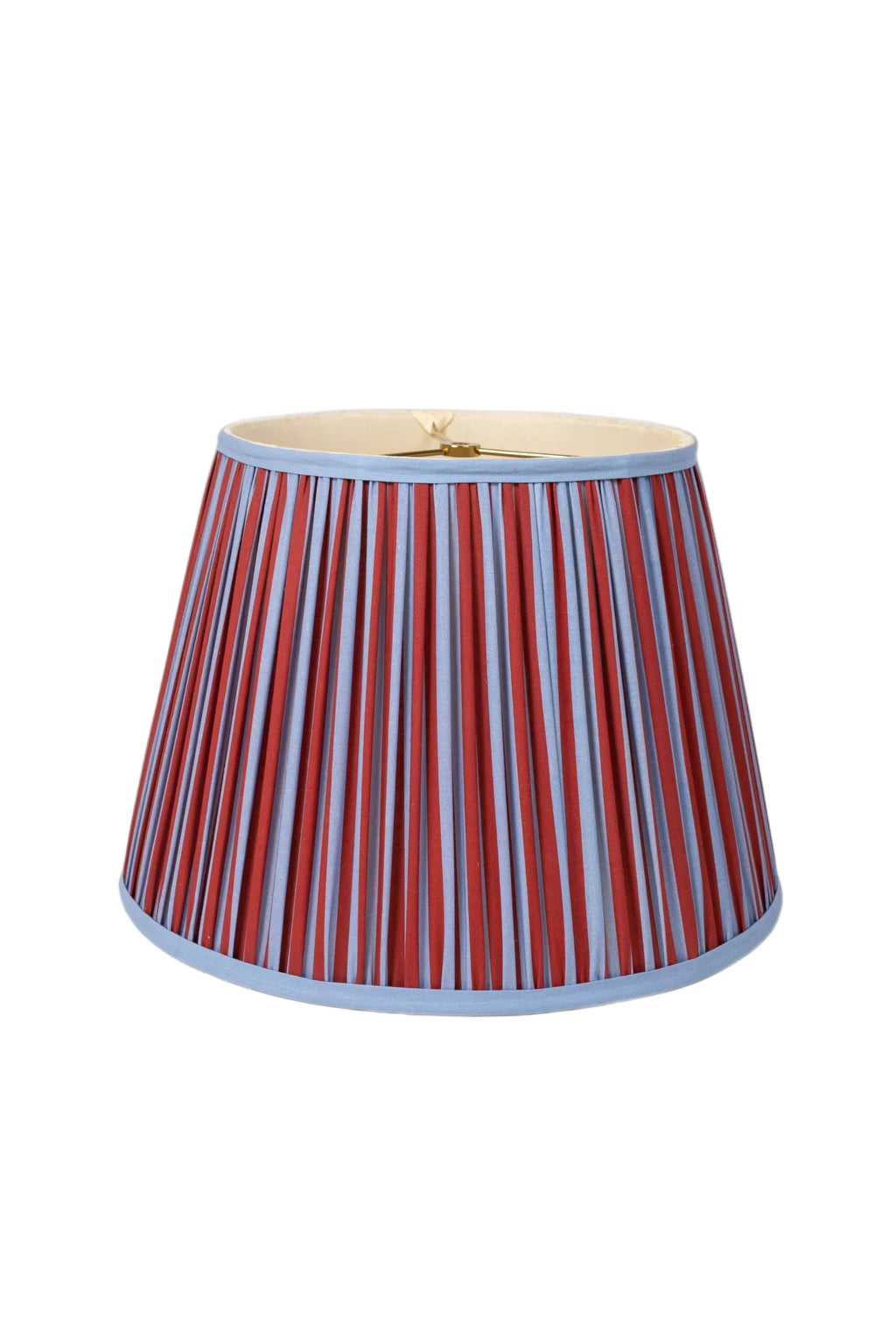 16" pleated empire lampshade with red and blue vertical stripes, light blue trim - Inner Child
