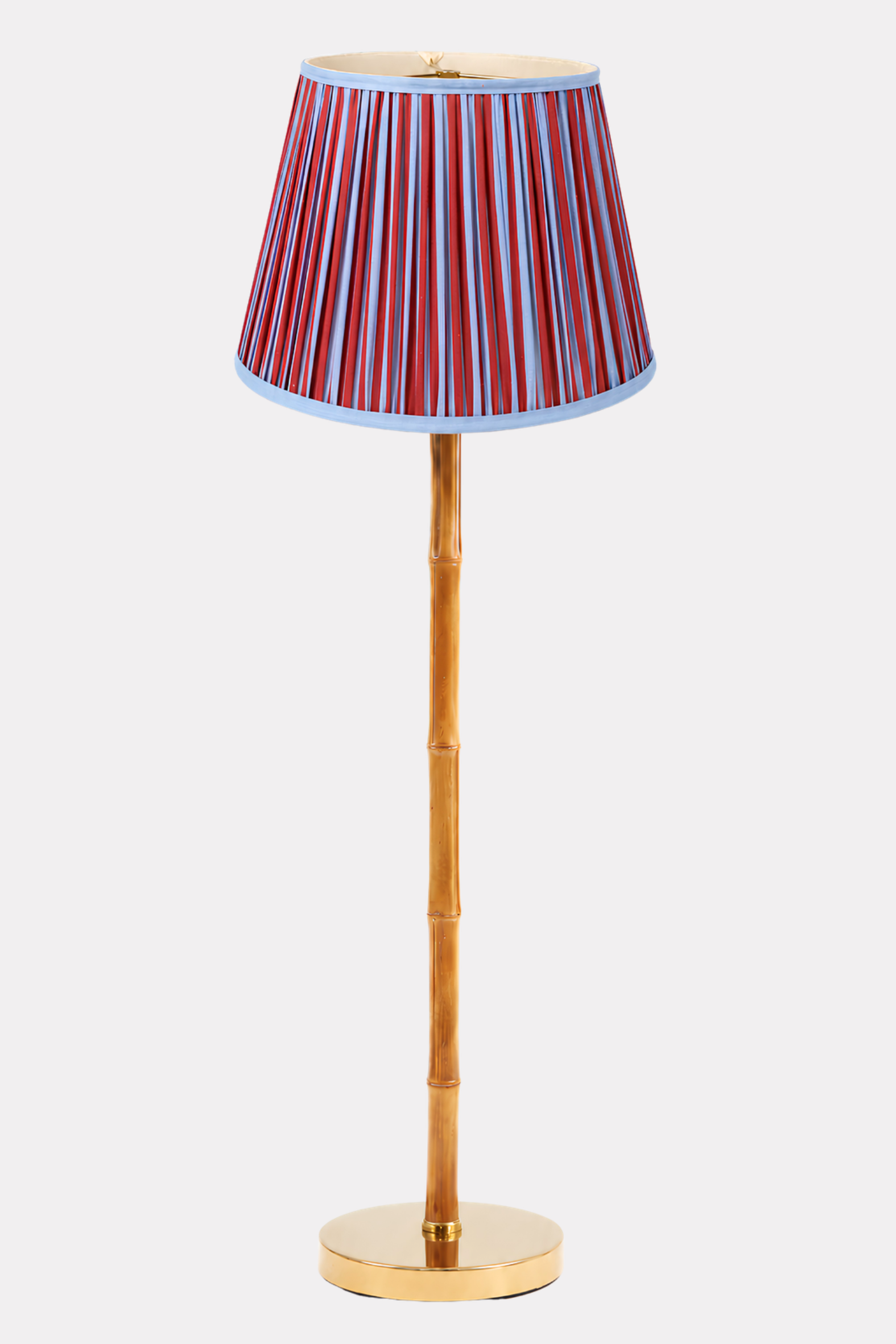 16" pleated empire lampshade with red and blue stripes, bamboo-style gold base - Inner Child