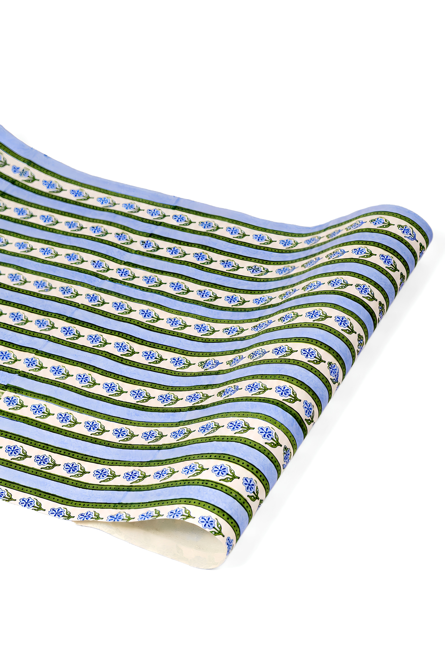 Blue blockprint cottage garden gift wrapping paper sheets with floral patterns