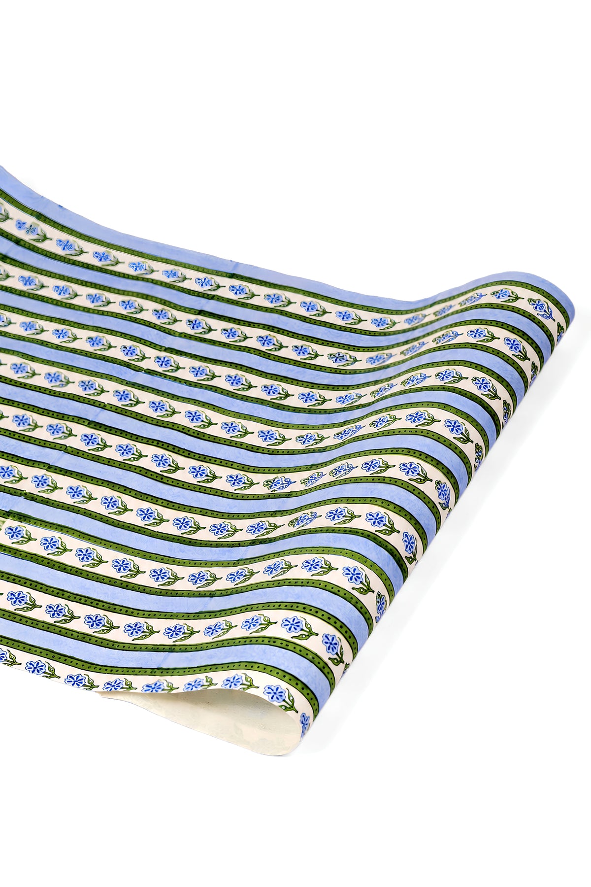 Blue blockprint cottage garden gift wrapping paper sheets with floral patterns