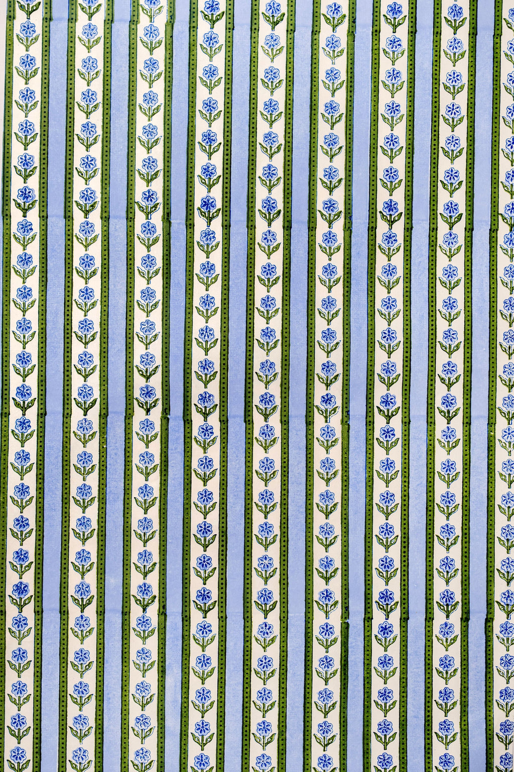 Close-up of Blockprint Cottage Garden gift wrapping paper sheets in blue showcasing vertical floral stripes