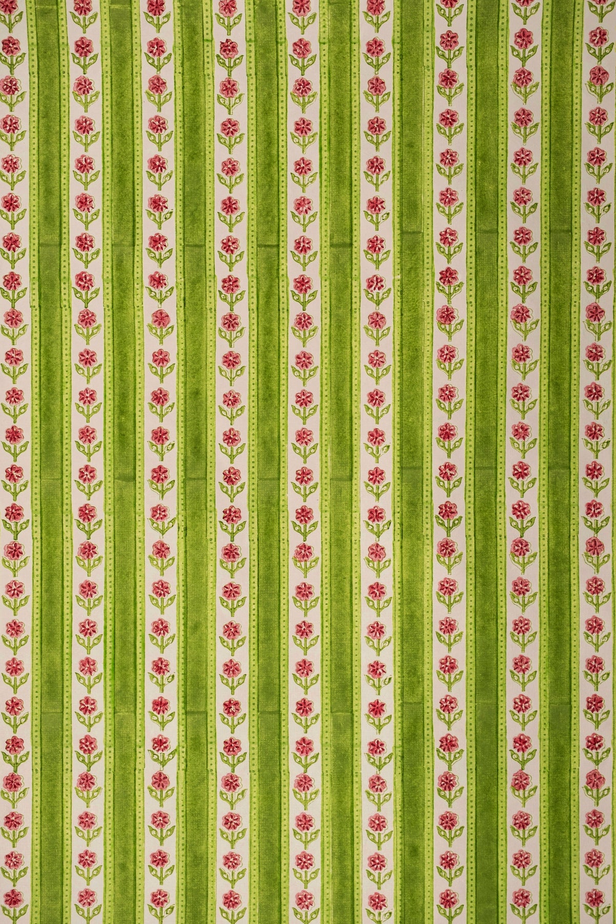 Detailed green blockprint cottage garden gift wrap pattern by Inner Child