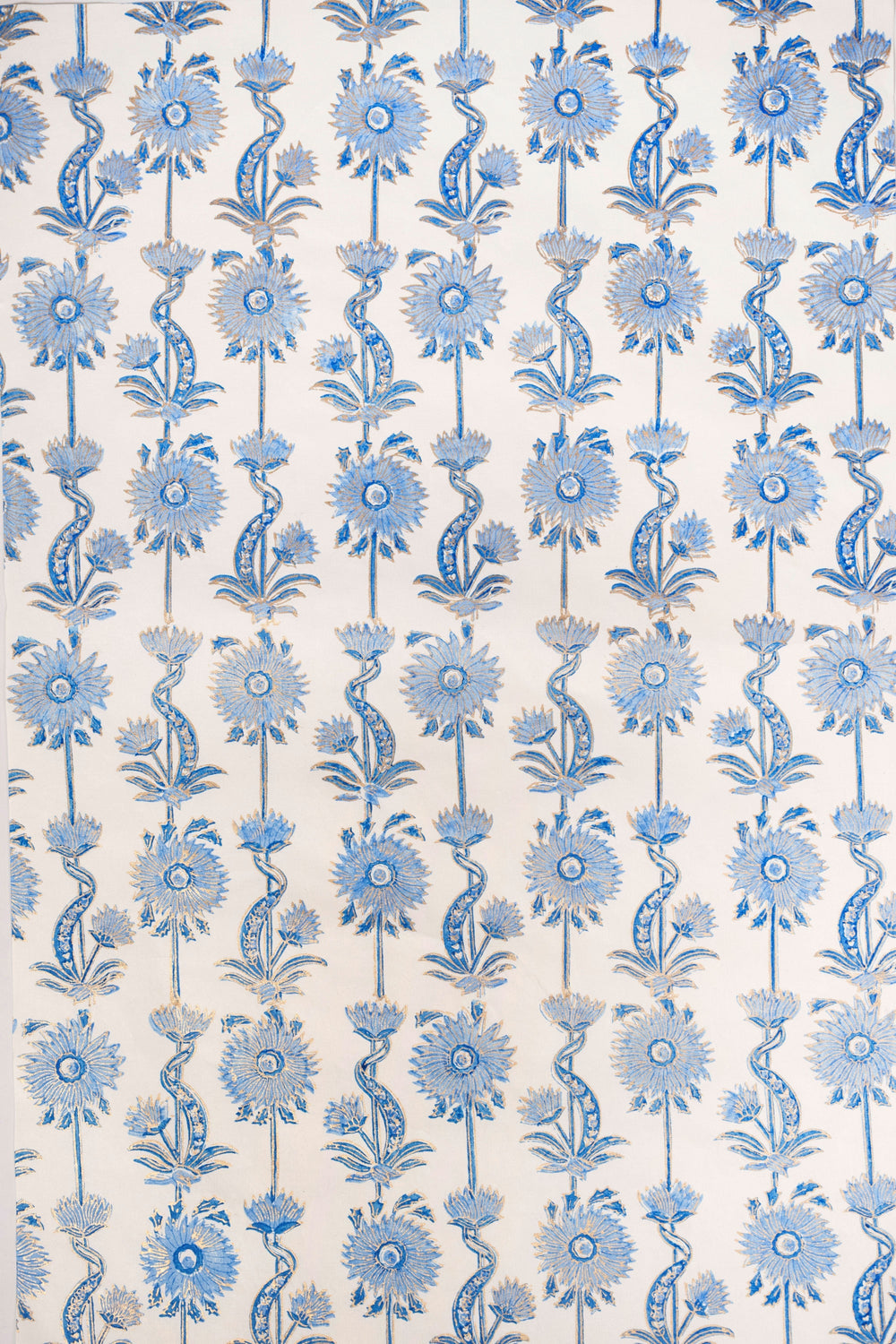 Detailed blue blockprint floral vines gift wrap pattern by Inner Child