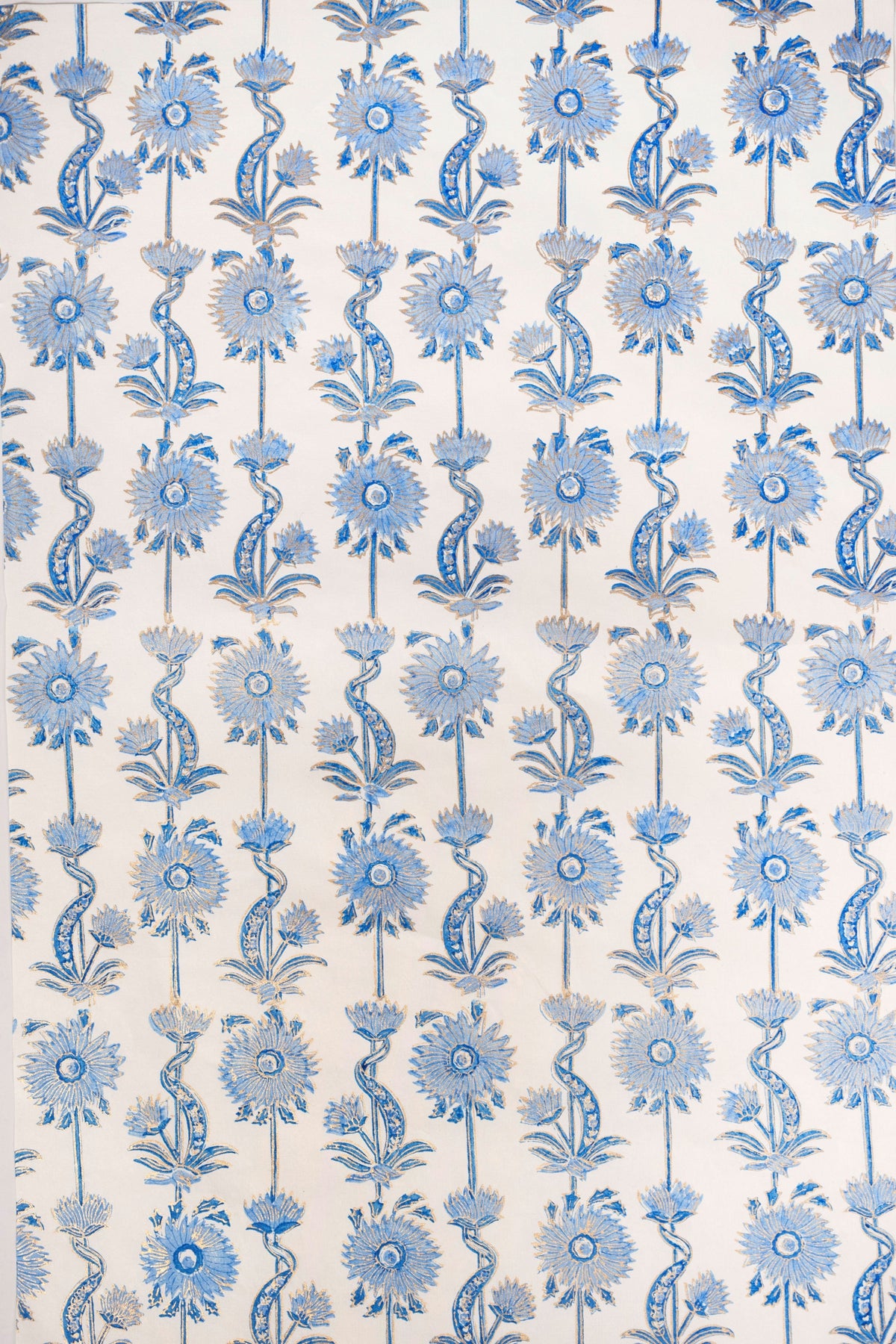 Detailed blue blockprint floral vines gift wrap pattern by Inner Child
