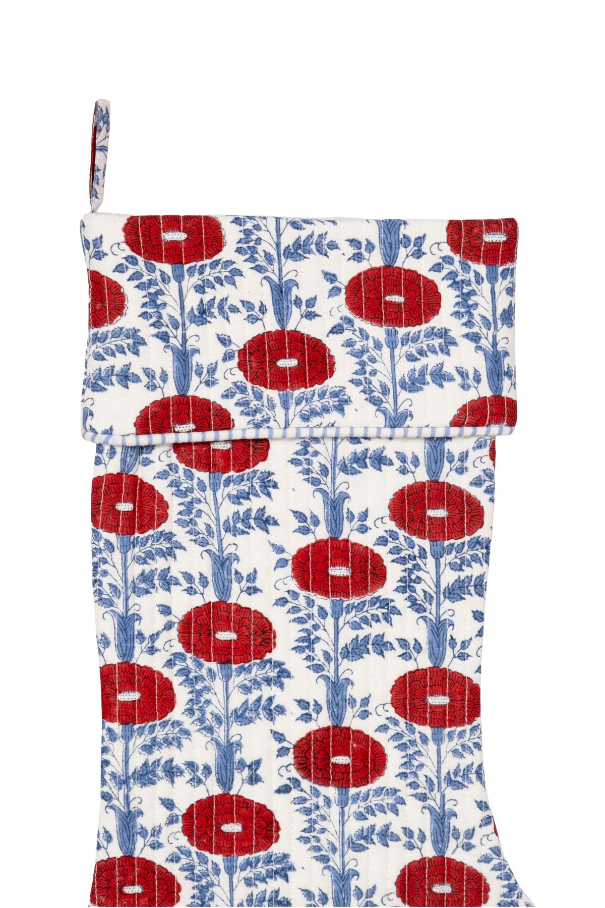 Inner Child Araminta Red blockprint Christmas stocking top view showing red flowers and blue leaf designs