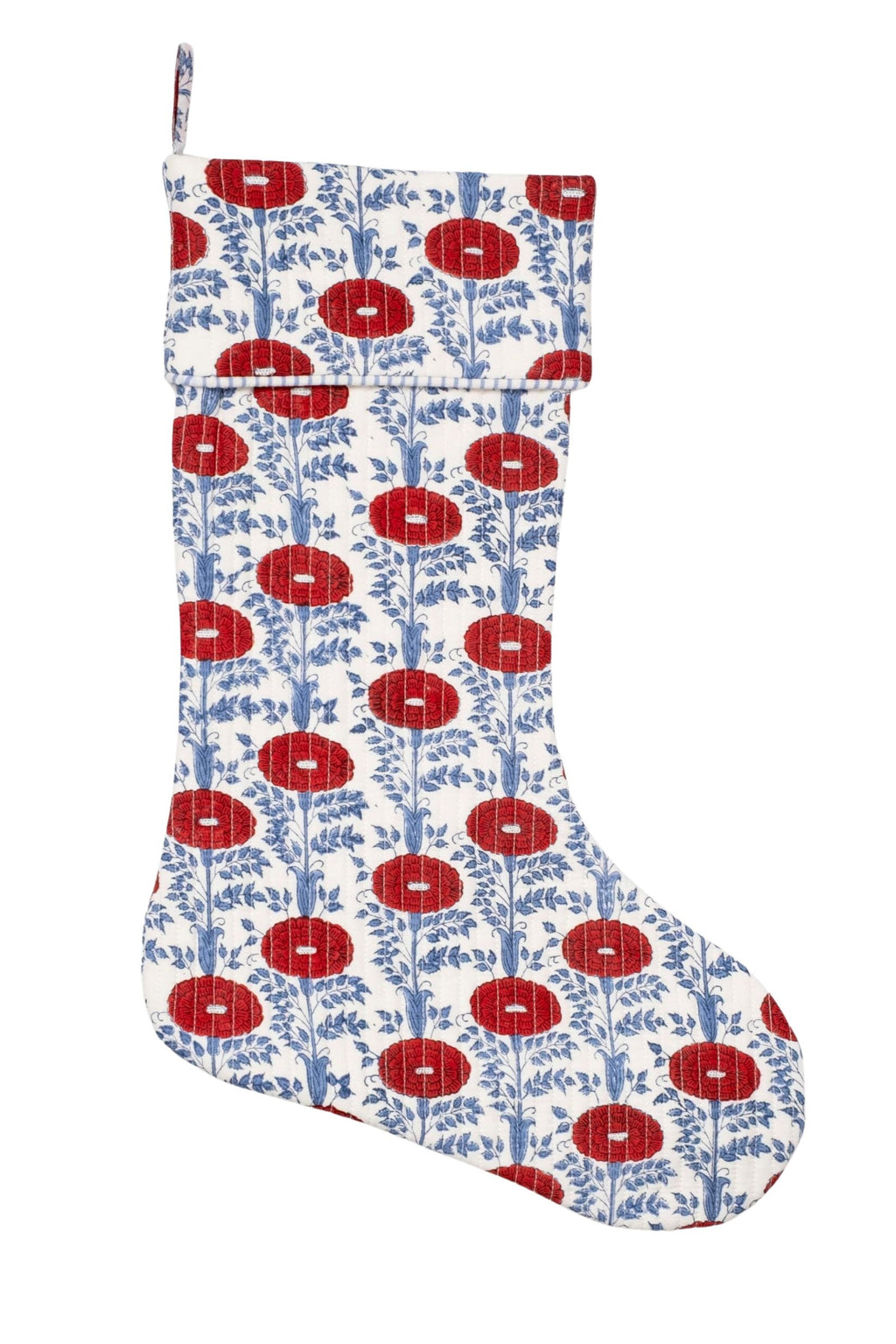 Inner Child Araminta Red blockprint Christmas stocking with vibrant red floral patterns and blue foliage on white fabric