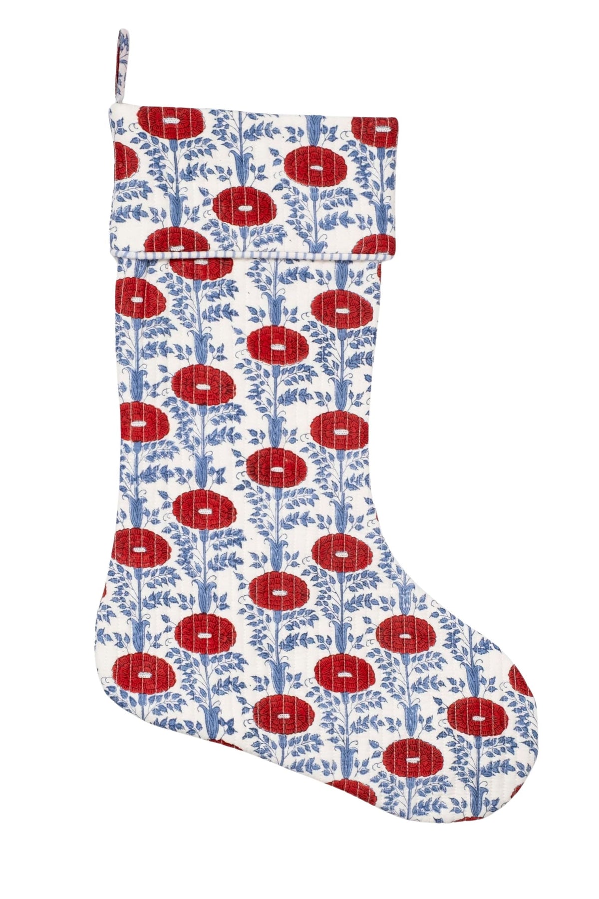 Inner Child Araminta Red blockprint Christmas stocking with vibrant red floral patterns and blue foliage on white fabric