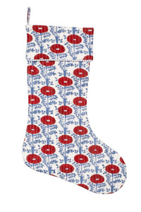 Inner Child Araminta Red blockprint Christmas stocking with vibrant red floral patterns and blue foliage on white fabric