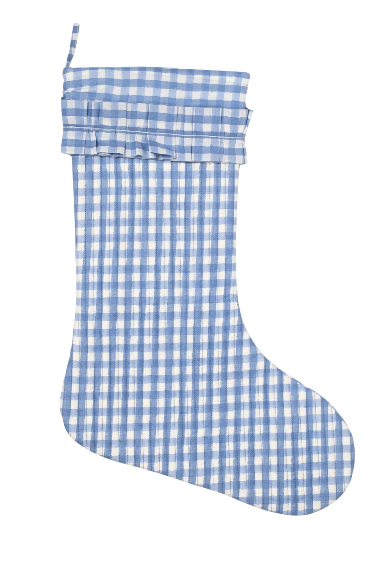 Inner Child Blue Gingham blockprint Christmas stocking with blue and white checkered pattern