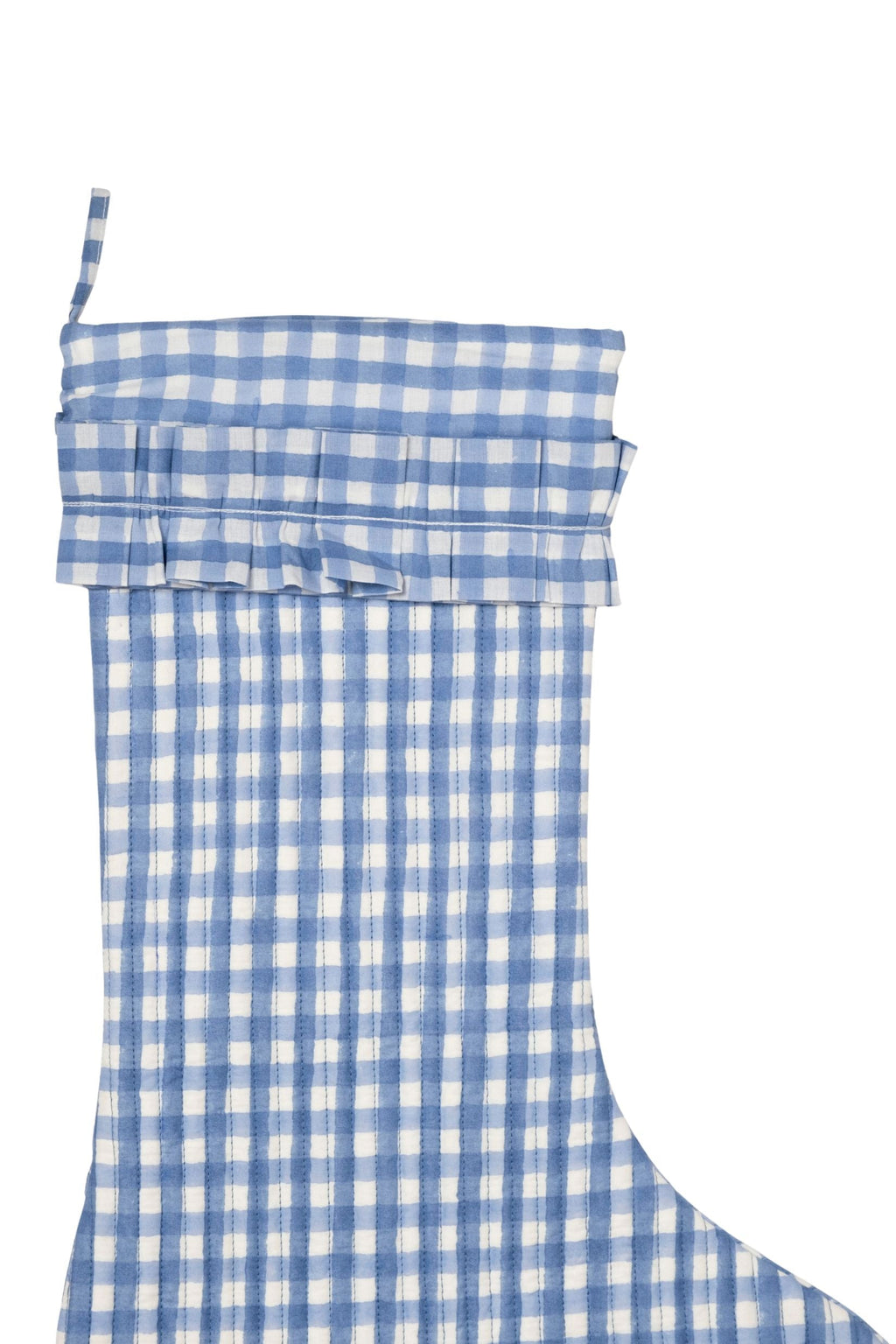Inner Child Blue Gingham blockprint Christmas stocking close-up of top section with pleated cuff