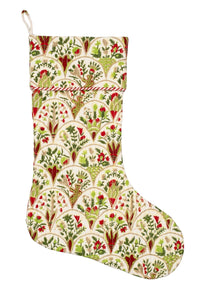 Inner Child Green Holiday Arch blockprint Christmas stocking with colorful festive patterns