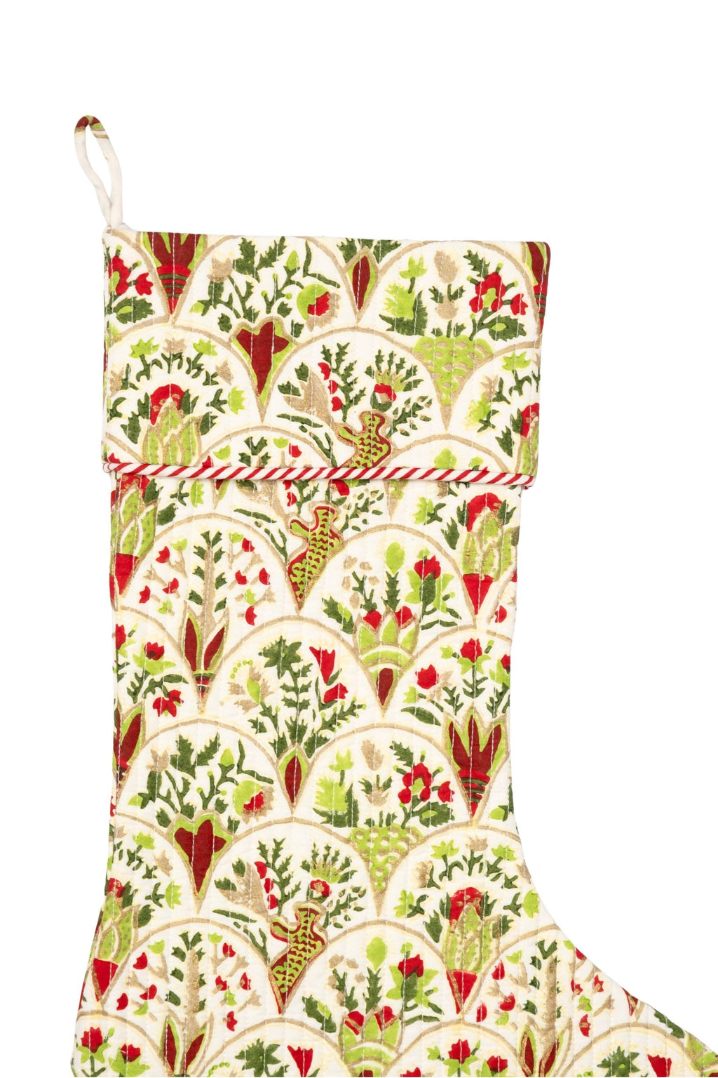 Inner Child Green Holiday Arch blockprint stocking with colorful floral patterns