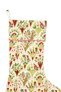Inner Child Green Holiday Arch blockprint stocking with colorful floral patterns