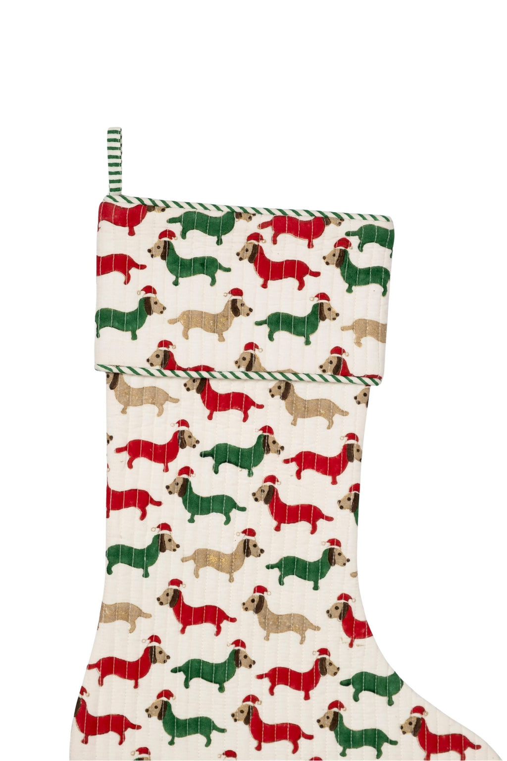 Inner Child Holiday Dashing Doxie blockprint stocking with whimsical dog patterns