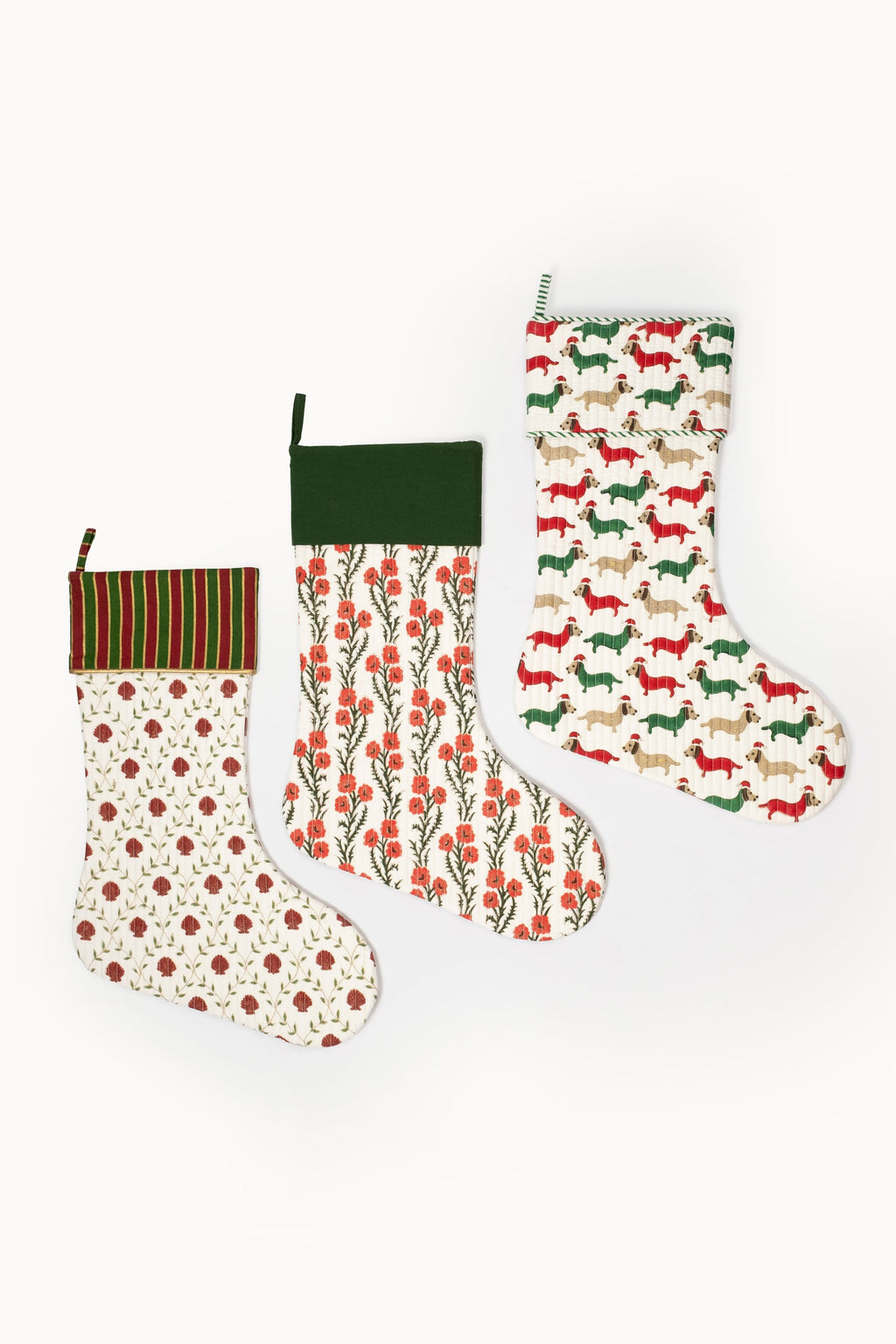 Blockprint stocking with red floral pattern, green foliage, dark green cuff - Inner Child holiday collection