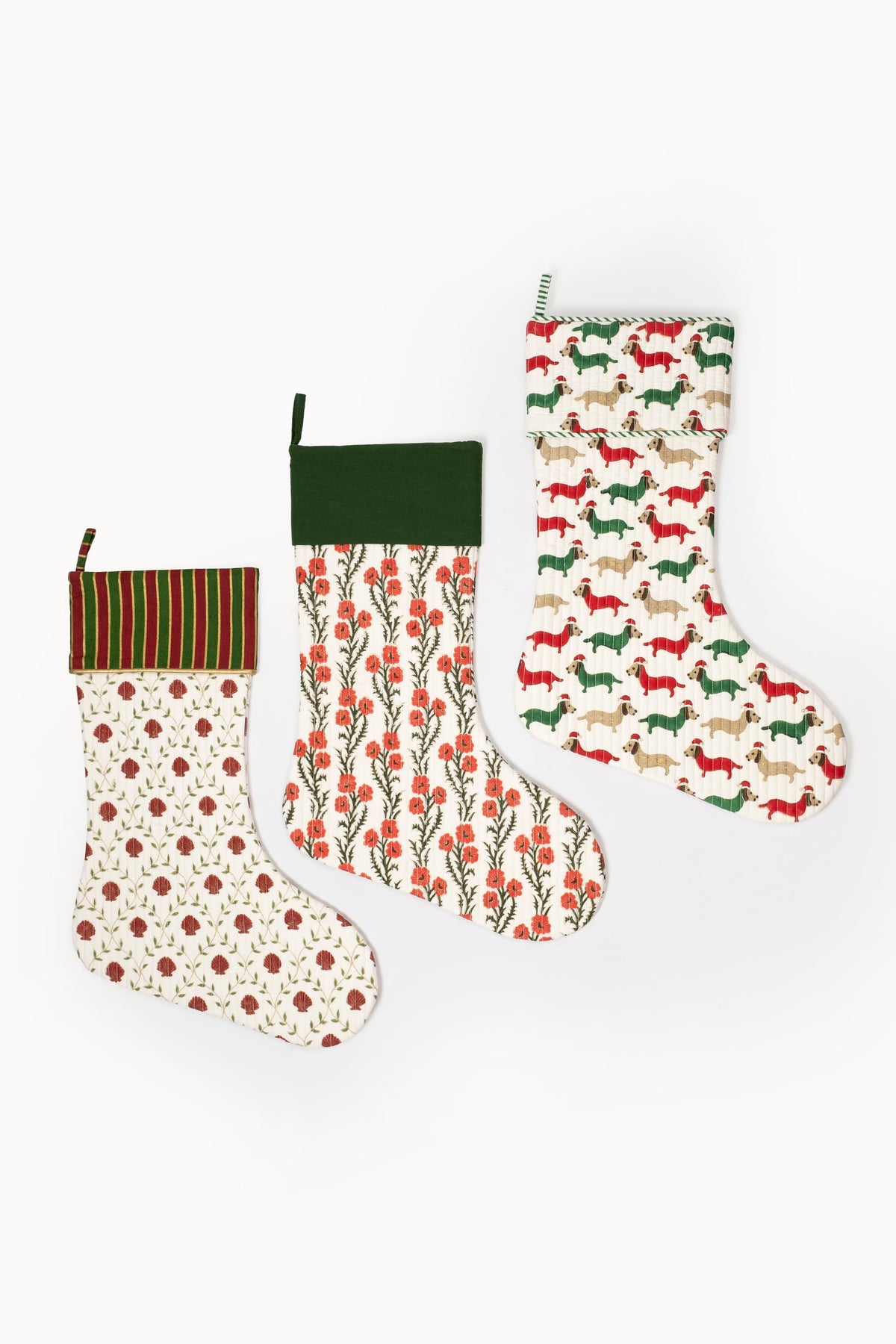 Blockprint stocking with red floral pattern, green foliage, dark green cuff - Inner Child holiday collection