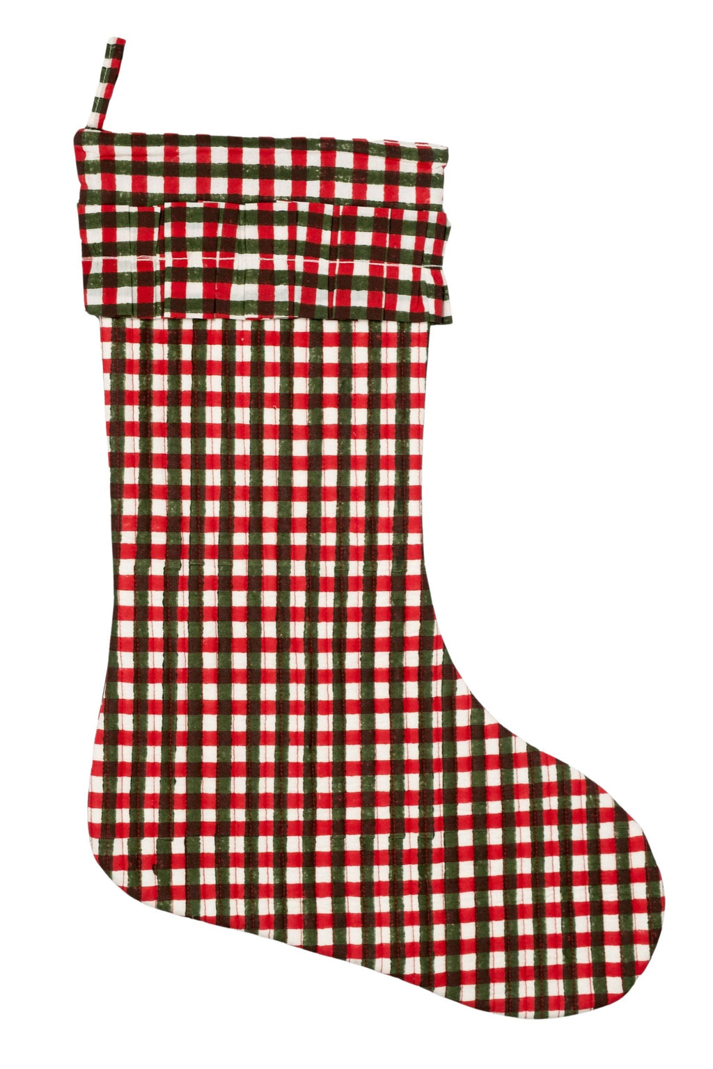 Red-green-white gingham blockprint stocking with pleated top - striped loop - Inner Child holiday