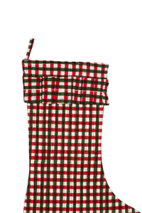 Red-green-white gingham blockprint stocking close-up with pleated top - Inner Child holiday collection