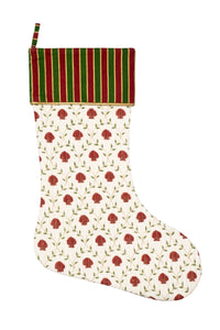 Blockprint stocking with red shell pattern and green vine accents, red-green striped cuff - Inner Child holiday design