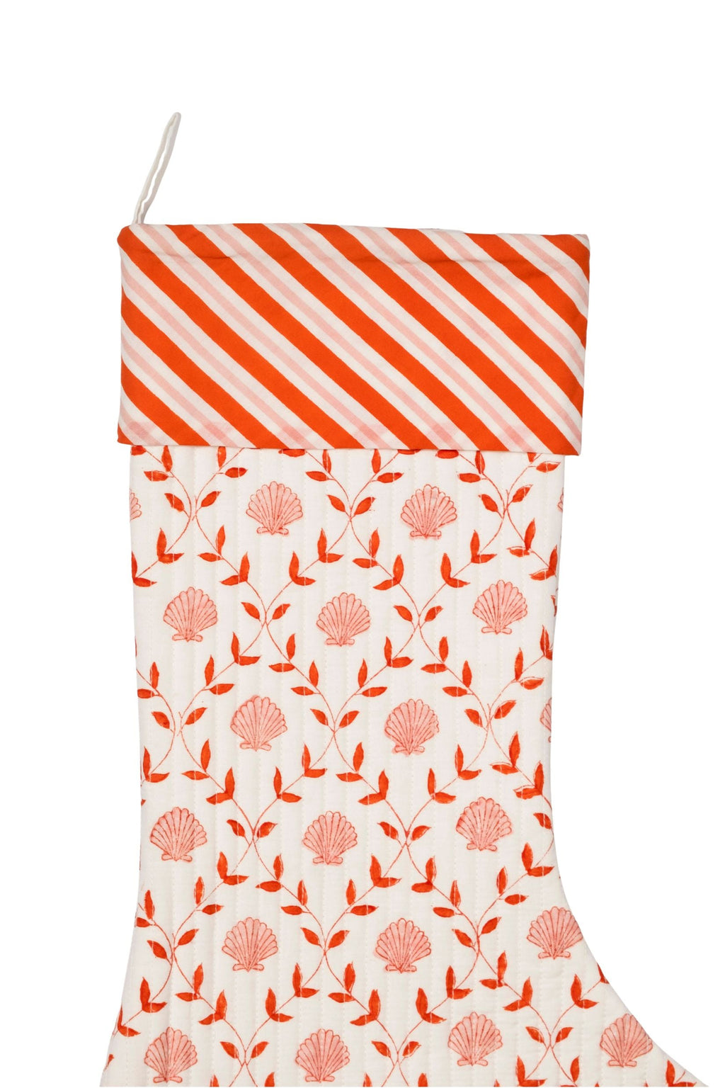Pink seashell blockprint Christmas stocking with orange stripe cuff from Inner Child