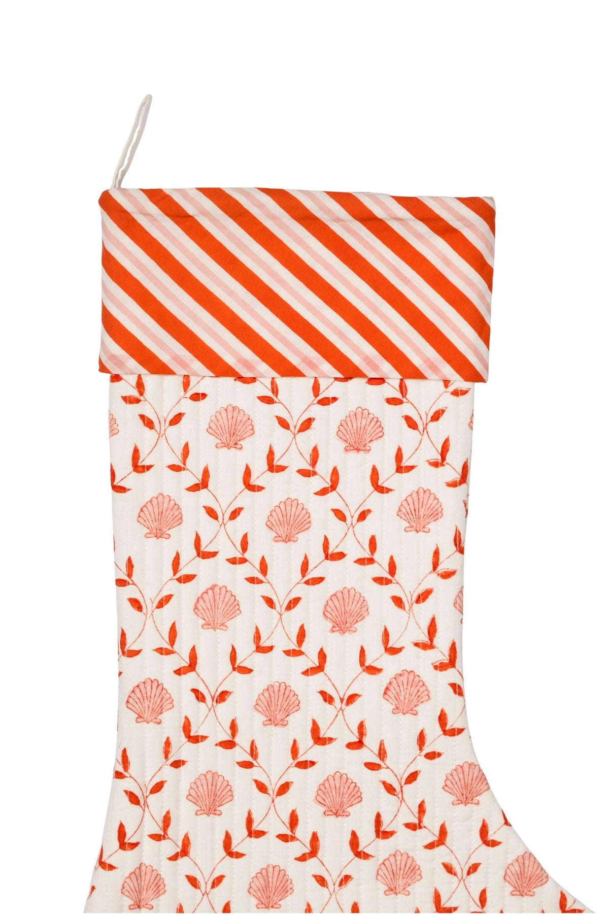 Pink seashell blockprint Christmas stocking with orange stripe cuff from Inner Child