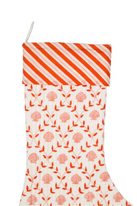 Pink seashell blockprint Christmas stocking with orange stripe cuff from Inner Child