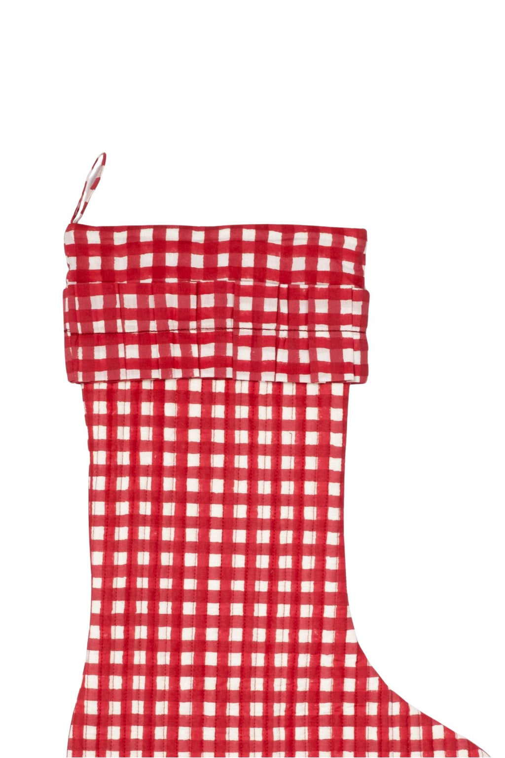 Red gingham blockprint Christmas stocking detail from Inner Child