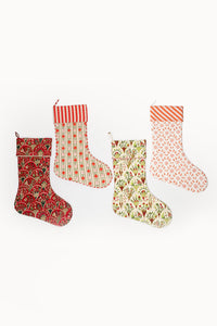 Red holiday arch blockprint Christmas stockings collection from Inner Child