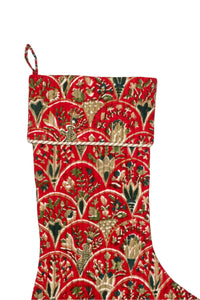 Close-up red blockprint stocking showing detailed floral patterns