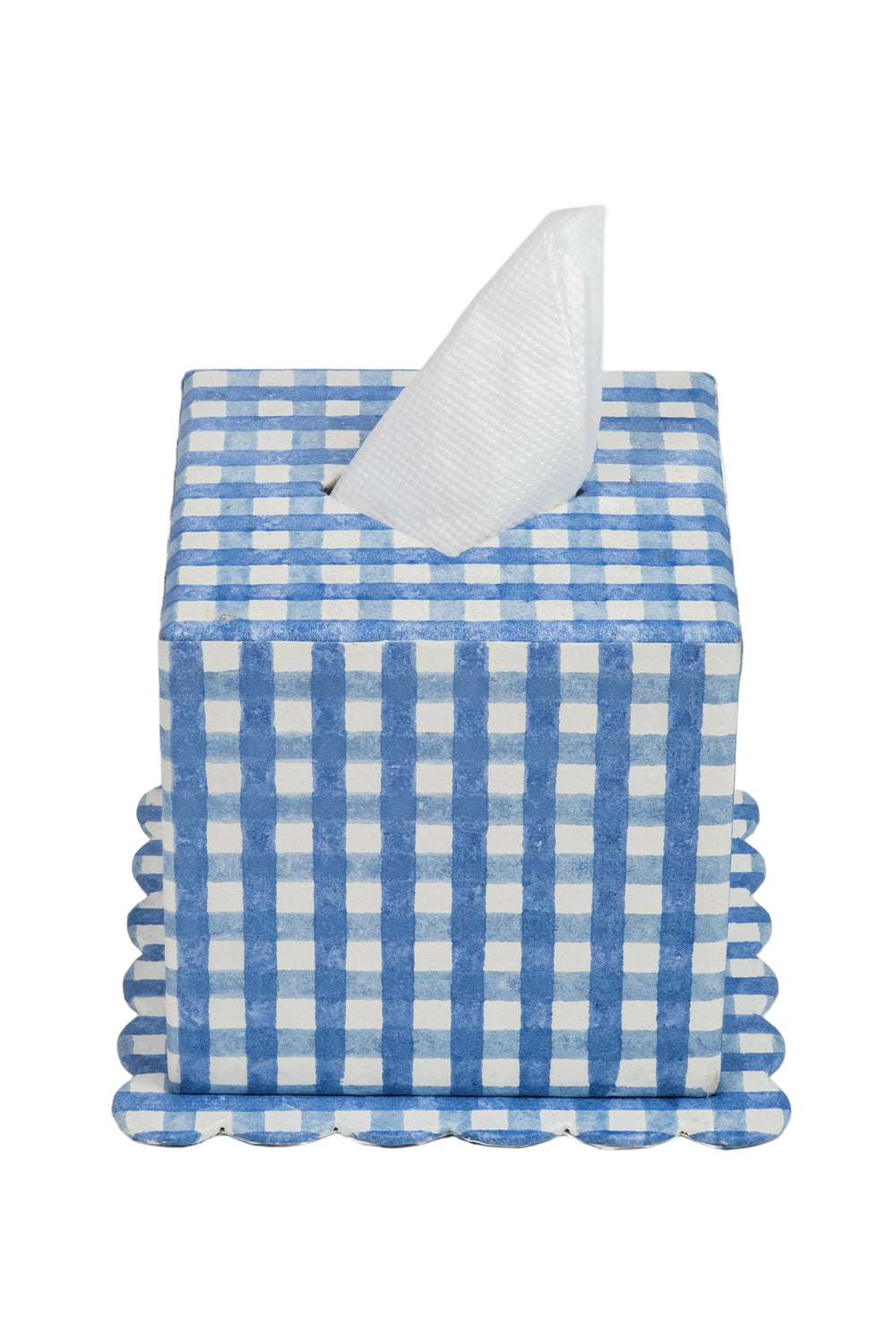 Blockprint blue gingham square tissue box cover with scalloped base
