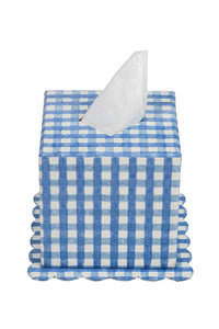 Blockprint blue gingham square tissue box cover with scalloped base