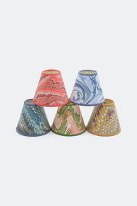 Grouped 6" hand-marbled clip-on lampshades with peony bloom patterns