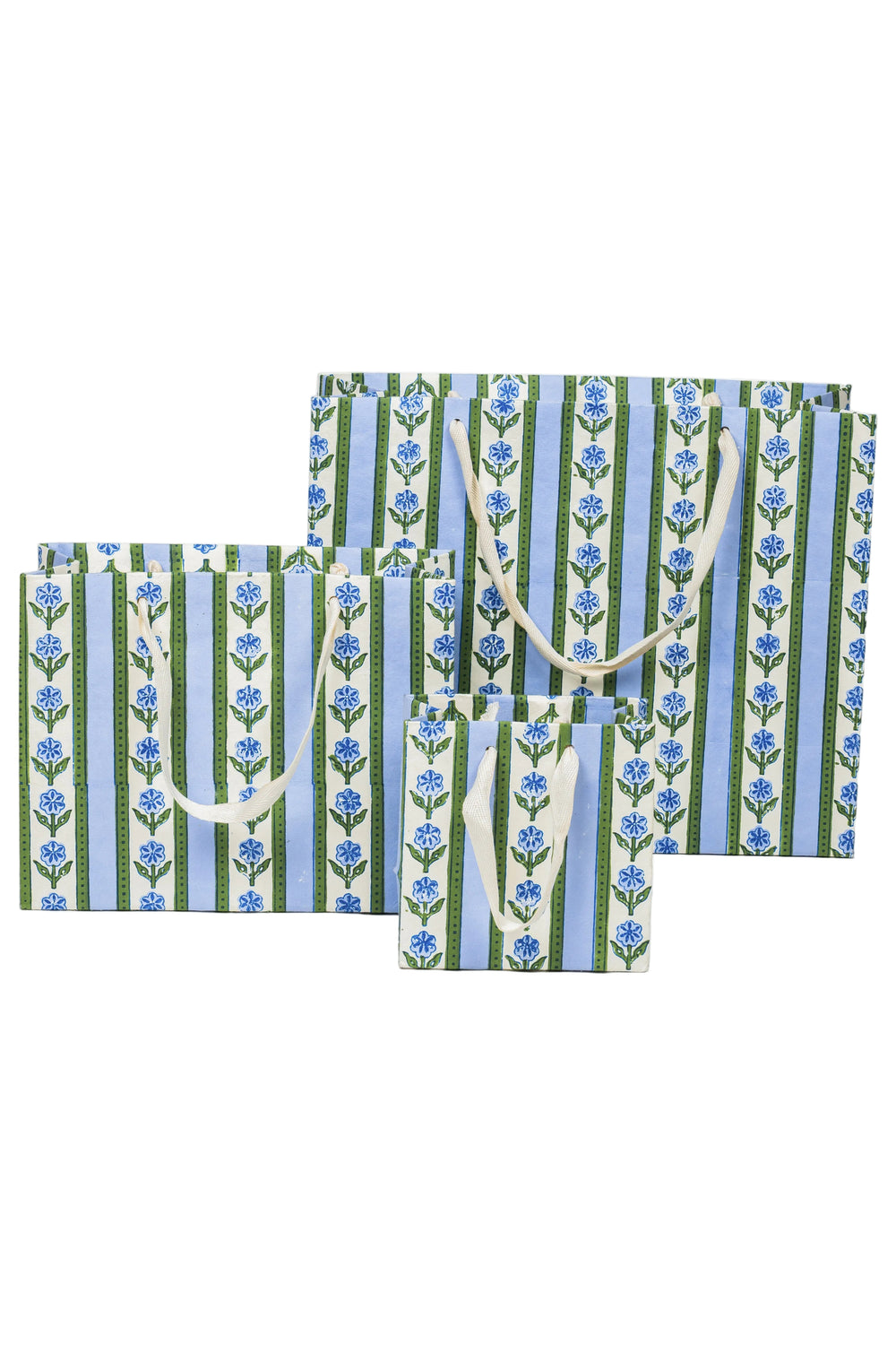 Inner Child blue cottage garden blockprint gift bags with white handles