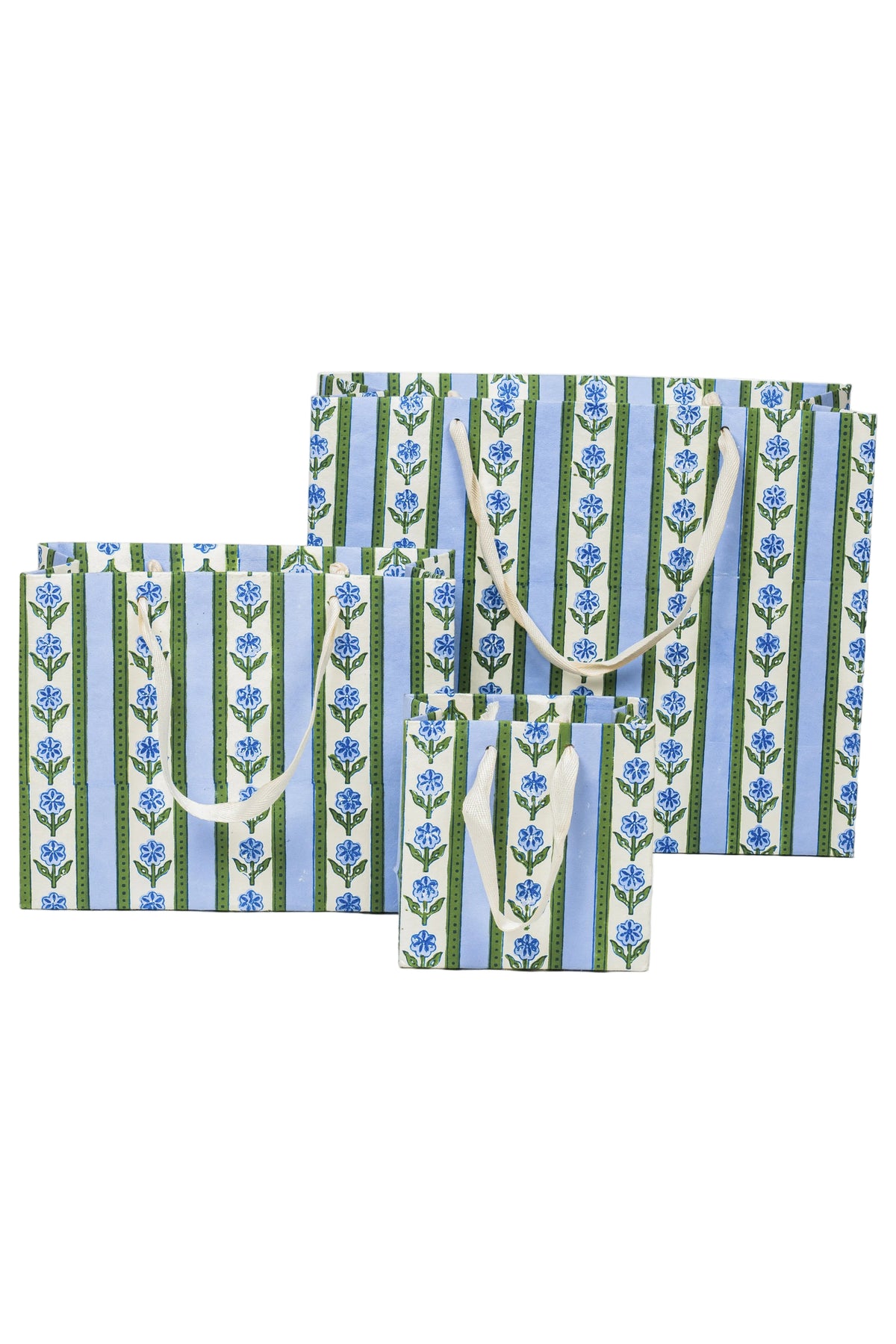 Inner Child blue cottage garden blockprint gift bags with white handles