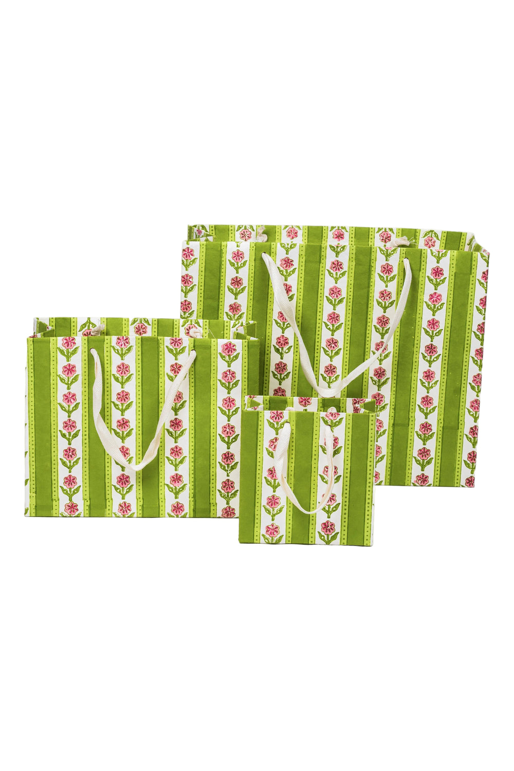 Inner Child green cottage garden blockprint gift bags with white handles