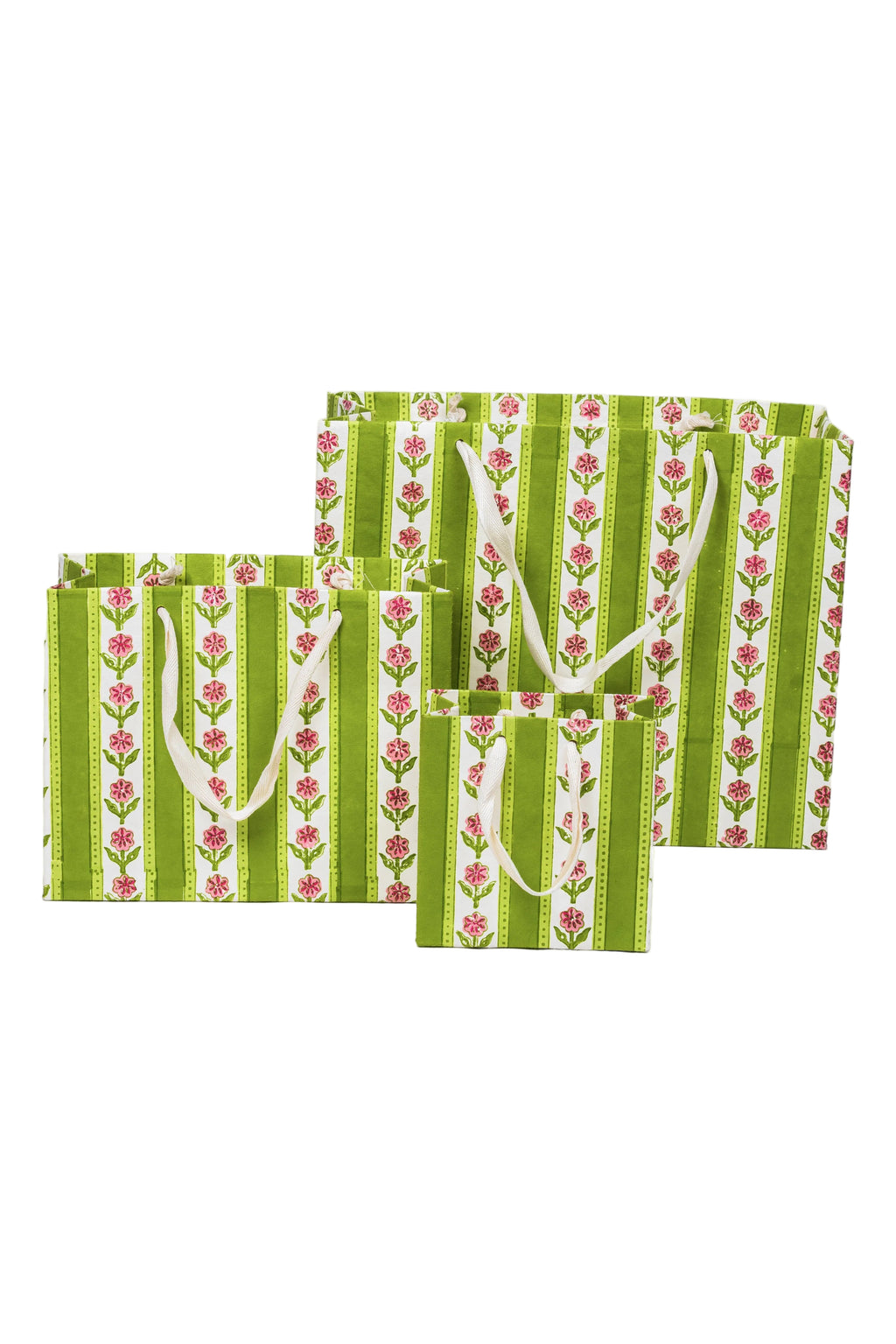 Inner Child green cottage garden blockprint gift bags with white handles