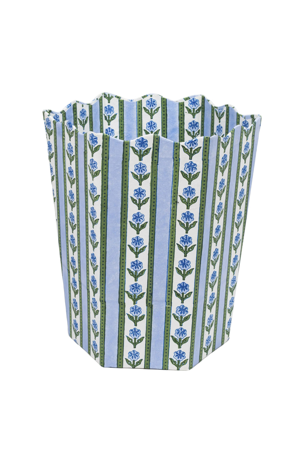 Blue cottage garden blockprint scallop waste bin storage bin from Inner Child