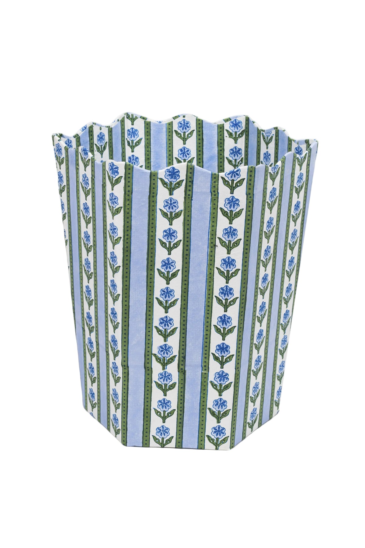 Blue cottage garden blockprint scallop waste bin storage bin from Inner Child