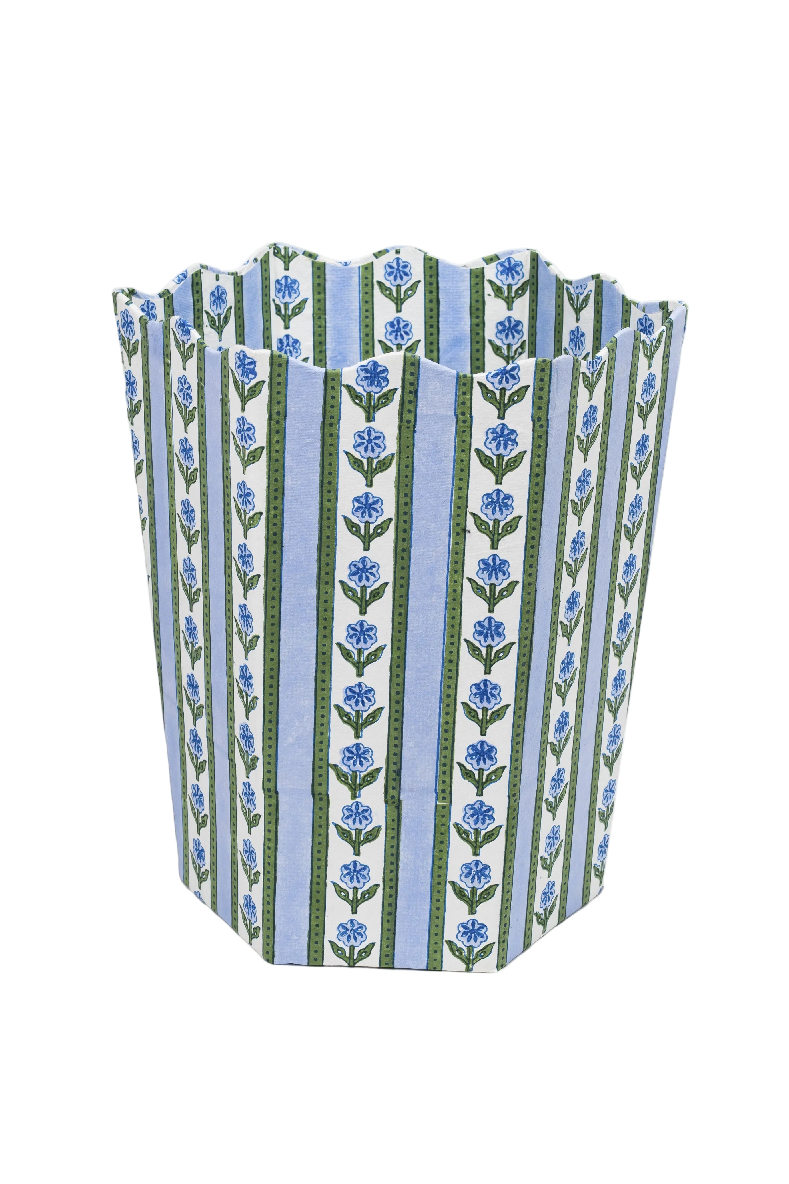Blue cottage garden blockprint scallop waste bin storage bin from Inner Child